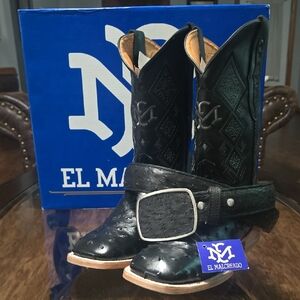 El Malcreado Black Full-Quill Ostrich Cowboy Boots